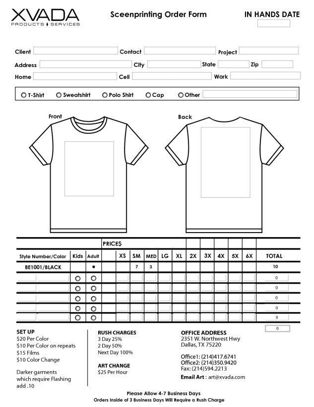 Printable T Shirt Order Forms Templates