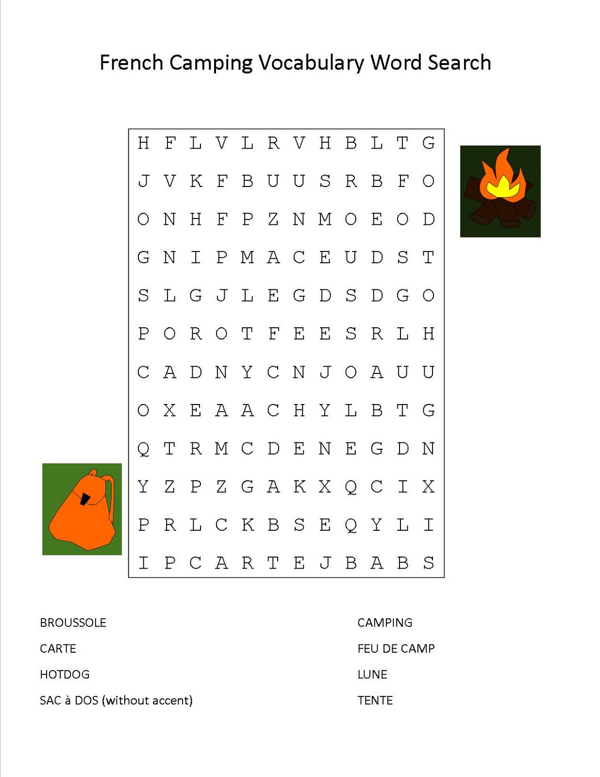 Language for Little Learners French Camping Vocabulary Word Search