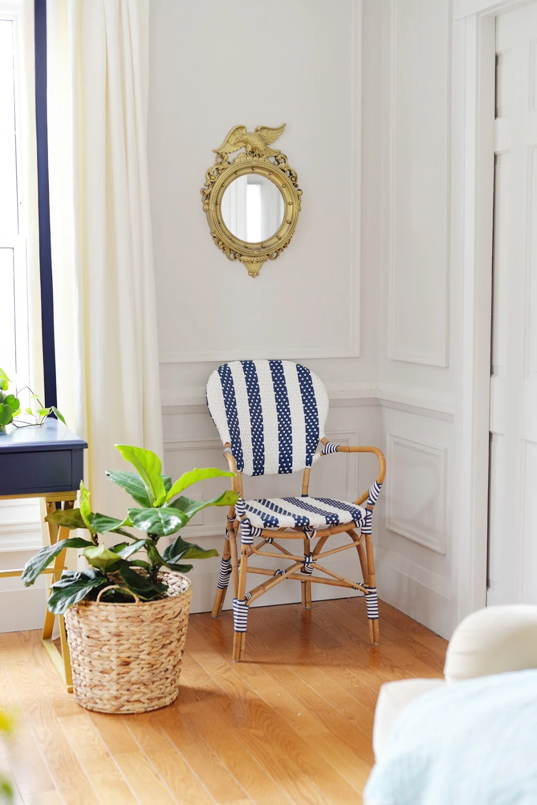 blue desk, spring decorating, blue and white striped bistro chair