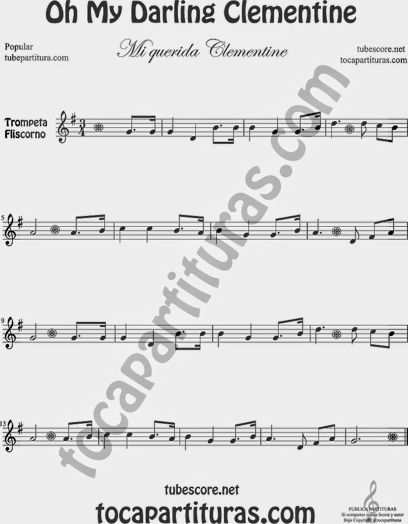 Mi Querida Clementin Partitura de Trompeta y Fliscorno Sheet Music for Trumpet and Flugelhorn Music Scores Oh My Darling Clementine Popular