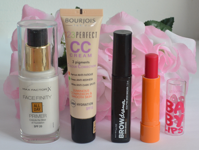 Daily make up essentials, Maxfactor facefinity primer, Bourjois cc cream, Maybelline brow drama, Maybelline baby lips in cherry me