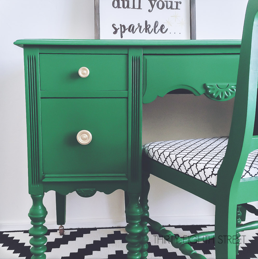 milk paint, general finishes, emerald green, painted desk, painted chair, before and after, diy, reupholstered chair, jenny lind