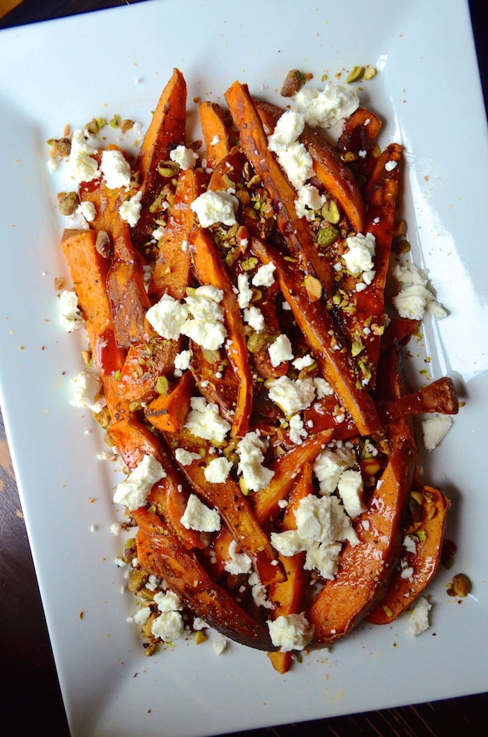 Roasted Sweet Potato Wedges with Pistachios, Goat Cheese & Pomegranate ...
