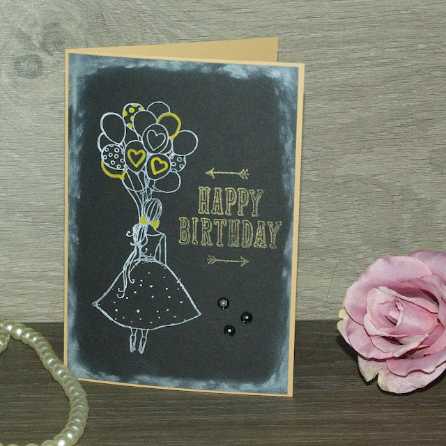[DIY] Vintage-Mädchen mit Luftballon Schwarze Glückwunschkarte zum Geburtstag