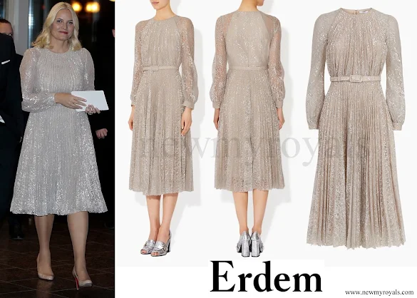 Crown Princess Mette-Marit wears ERDEM Rhona Silver Metallic Floral Lace Dress