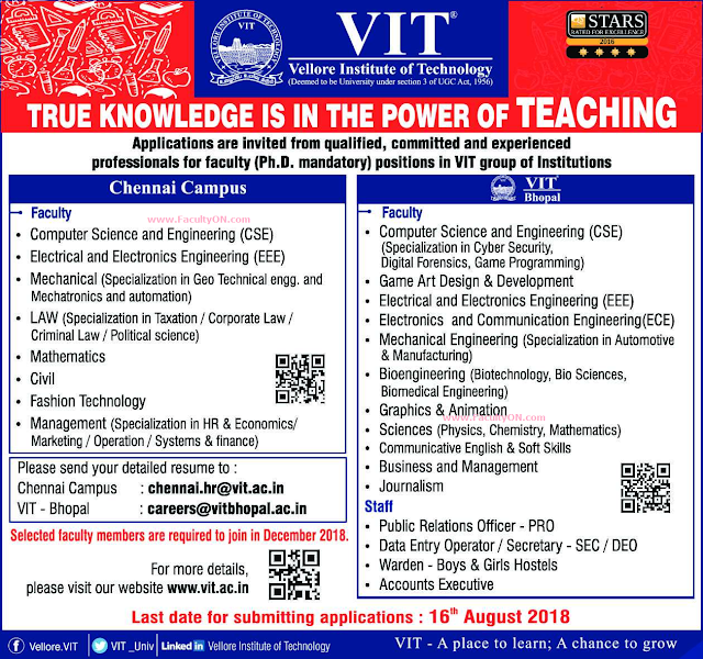 [Faculty ON] VIT University, Chennai, Wanted Professor / Associate