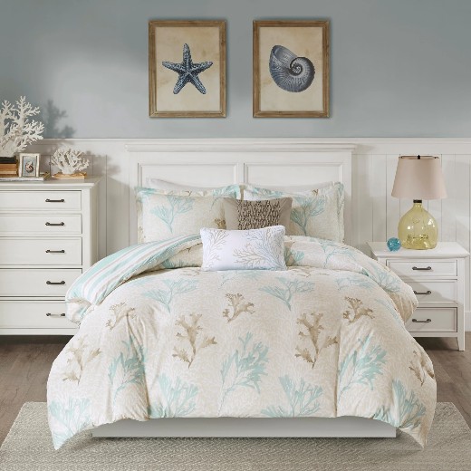 Blue Coastal Coral Print Duvet Cover