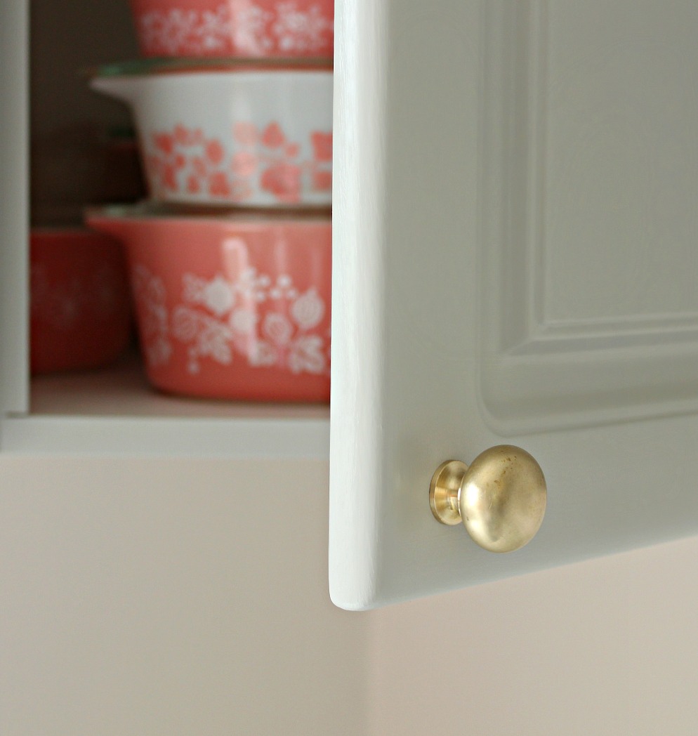 brushed gold knob tutorial Budget-Friendly Grey, Pink, Gold Kitchen Makeover with Vintage Vibe