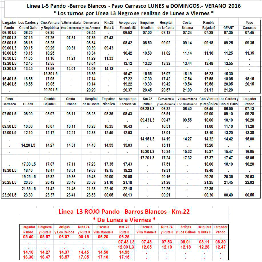 HORARIOS DEL TRANSPORTE METROPOLITANO HORARIOS DE VERANO 2016 EMPRESA TPM LINEAS L3N L5N HORARIOS DEL TRANSPORTE METROPOLITANO HORARIOS DE VERANO 2016 EMPRESA TPM LINEAS L3N L5N