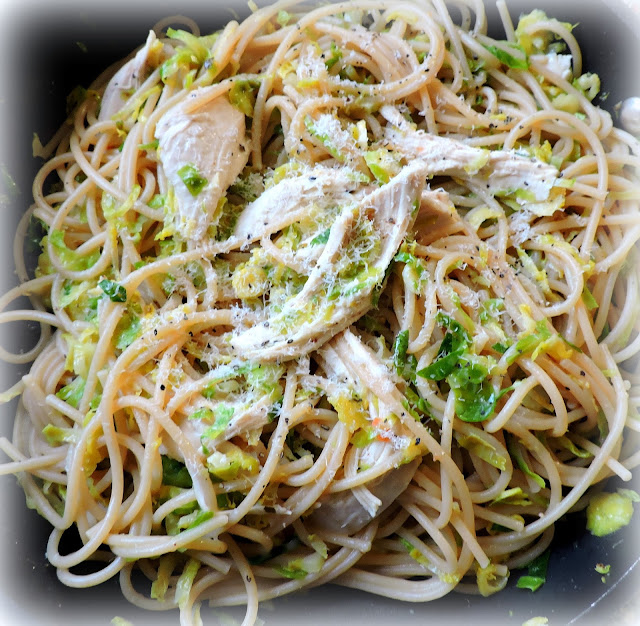 Spaghetti with Roasted Chicken and Shredded Brussels
