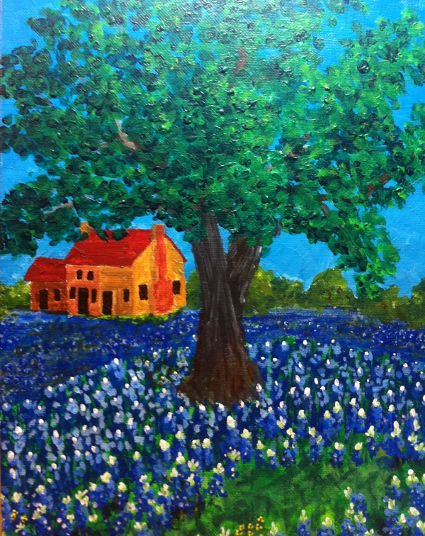 Texas Hill Country Art Painting the tree in the field