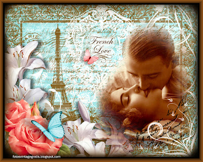 postal vintage de San Valentin con pareja retro, flores y París al fondo