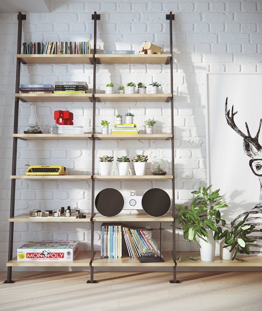 industrial-bookshelves-greenery-stereo