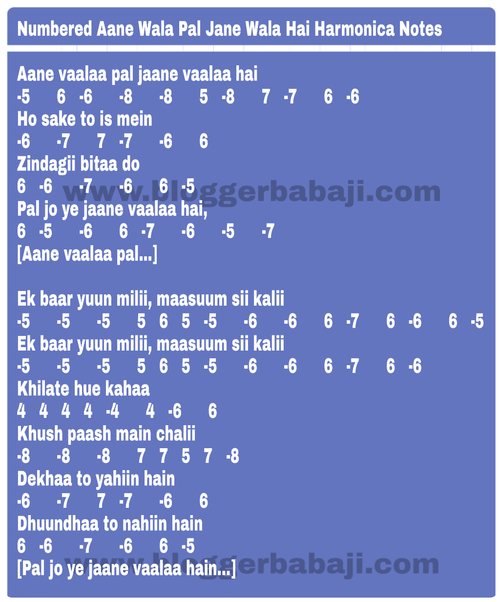 numbered aane wala pal jane wala hai harmonica notations(notes,key,tabs)