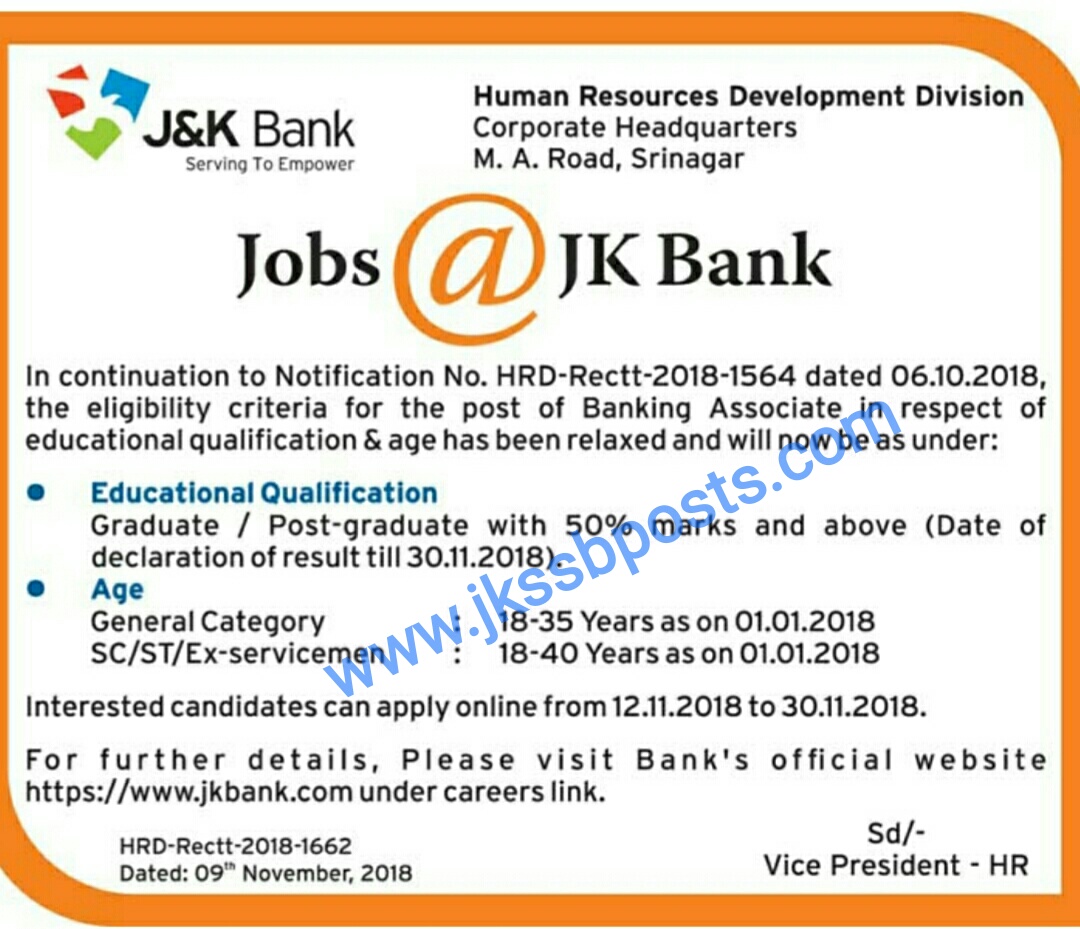 J&K Bank Recruitment 2018 for Banking Associates Jobs in J&K