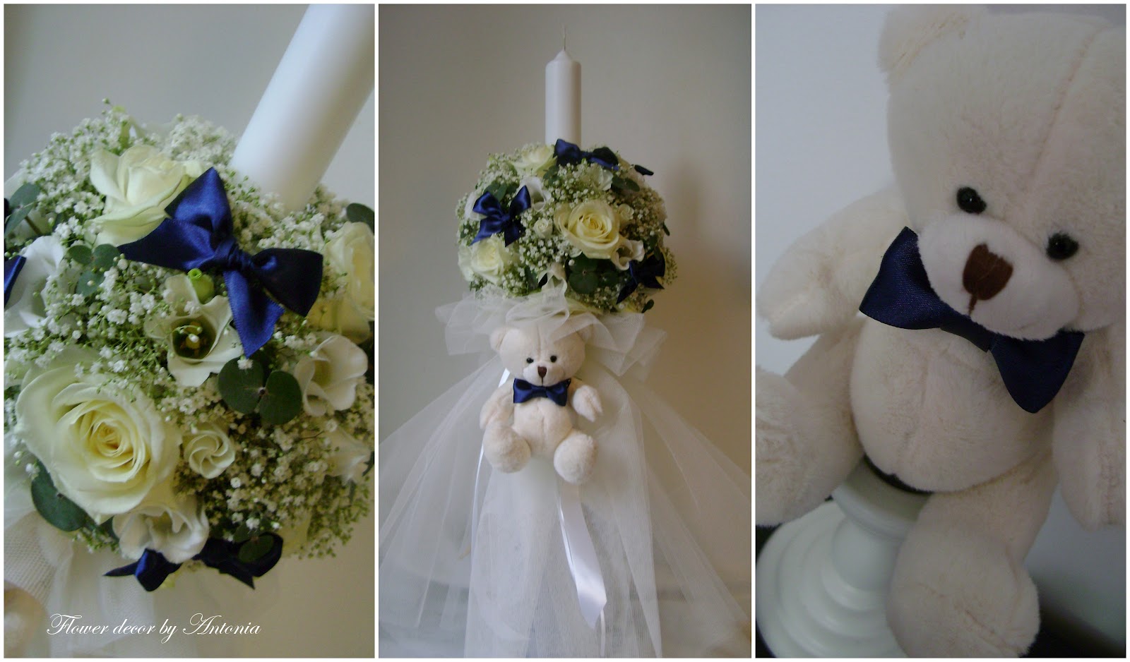 Flower Decor Mini Lumanare Botez Cu Ursulet Alb Si Fundite Bleumarin
