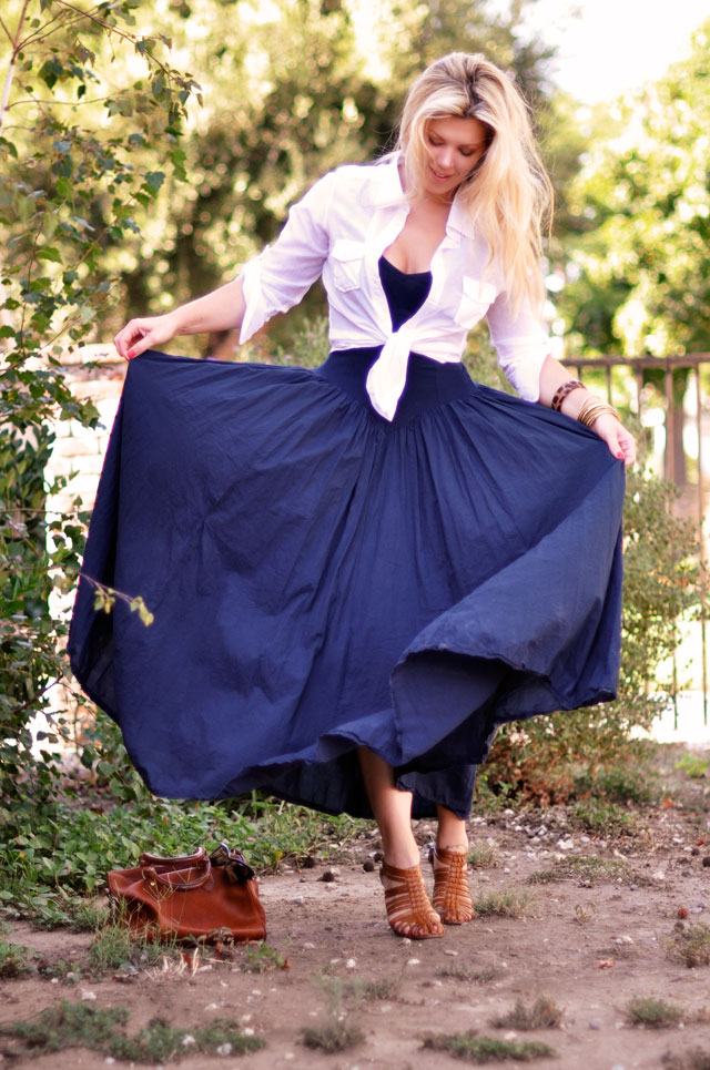 80s maxi dress with tied up blouse