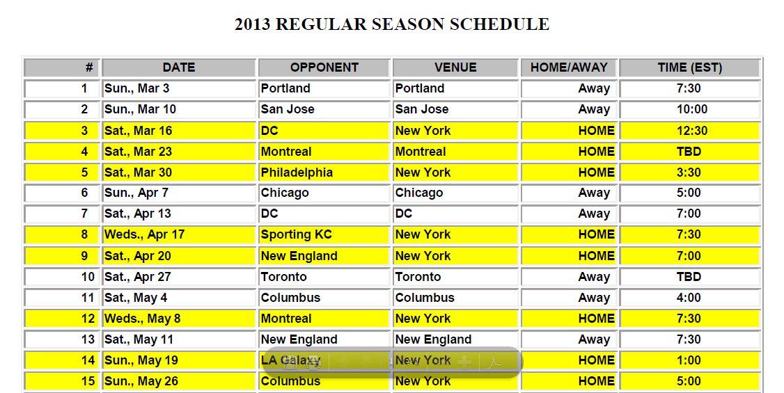 Tully's Page: NY Red Bulls 2013 Season Schedule Released