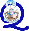 Alfabeto de personajes de Disney con letras azules Q.