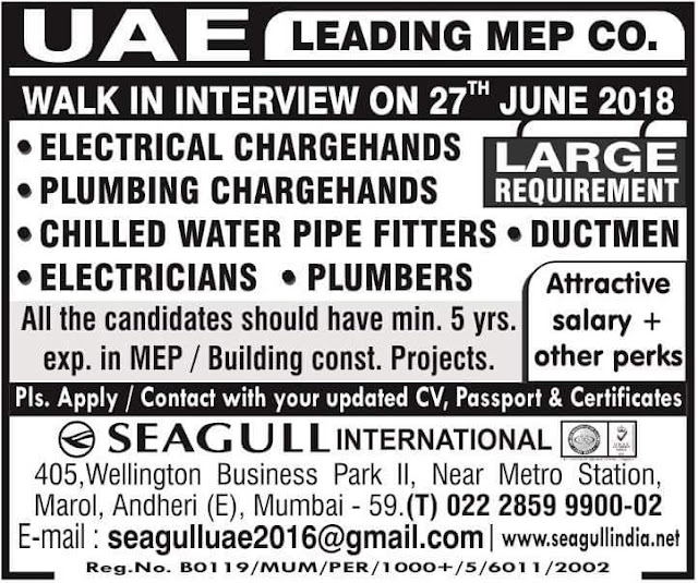 Jobs in Leading MEP Company in UAE Seagull International