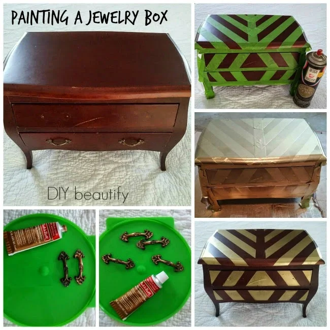 spray painting gold stripes on a jewelry chest