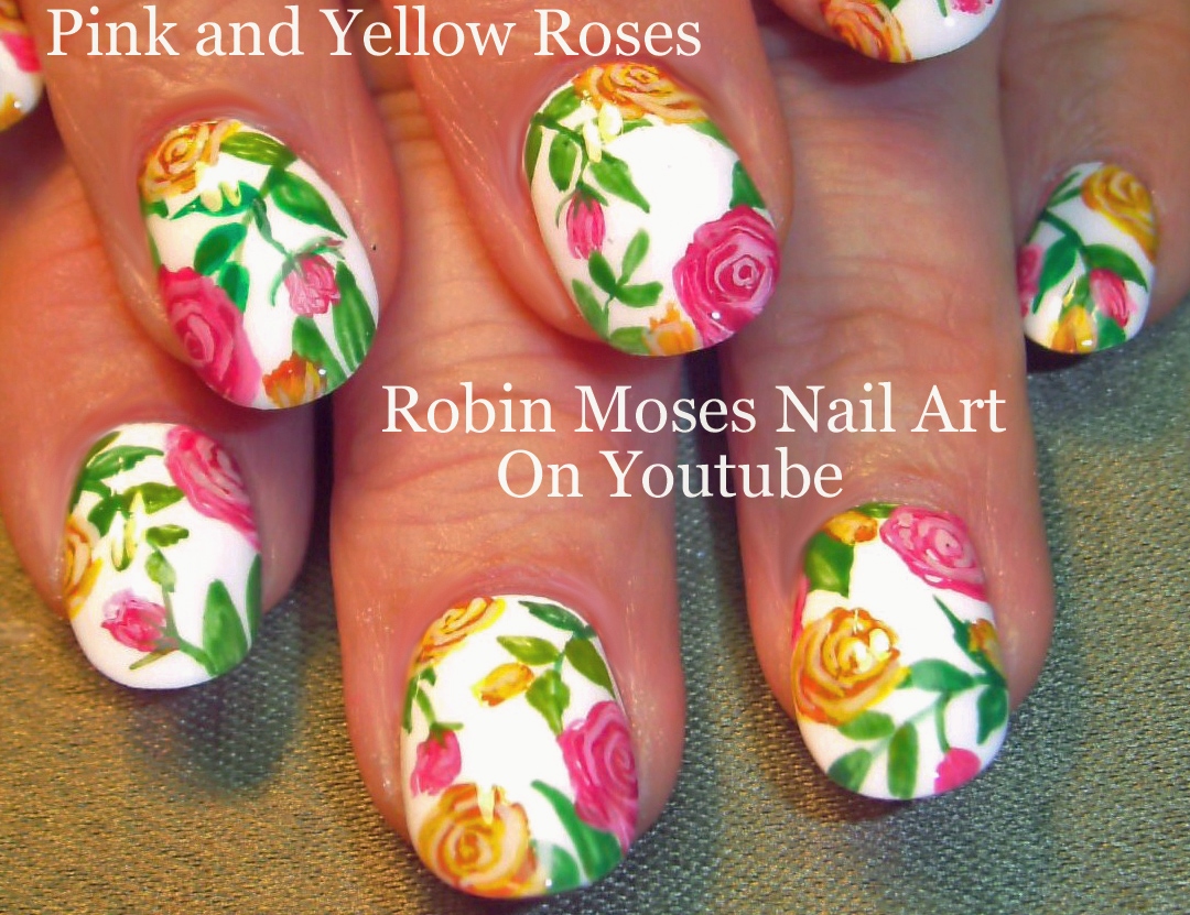 Nail Art by Robin Moses Rosegold Nails. How to paint Roses Nail Art