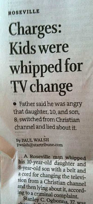 Newspaper story with headline Charges: Kids were whipped for TV change