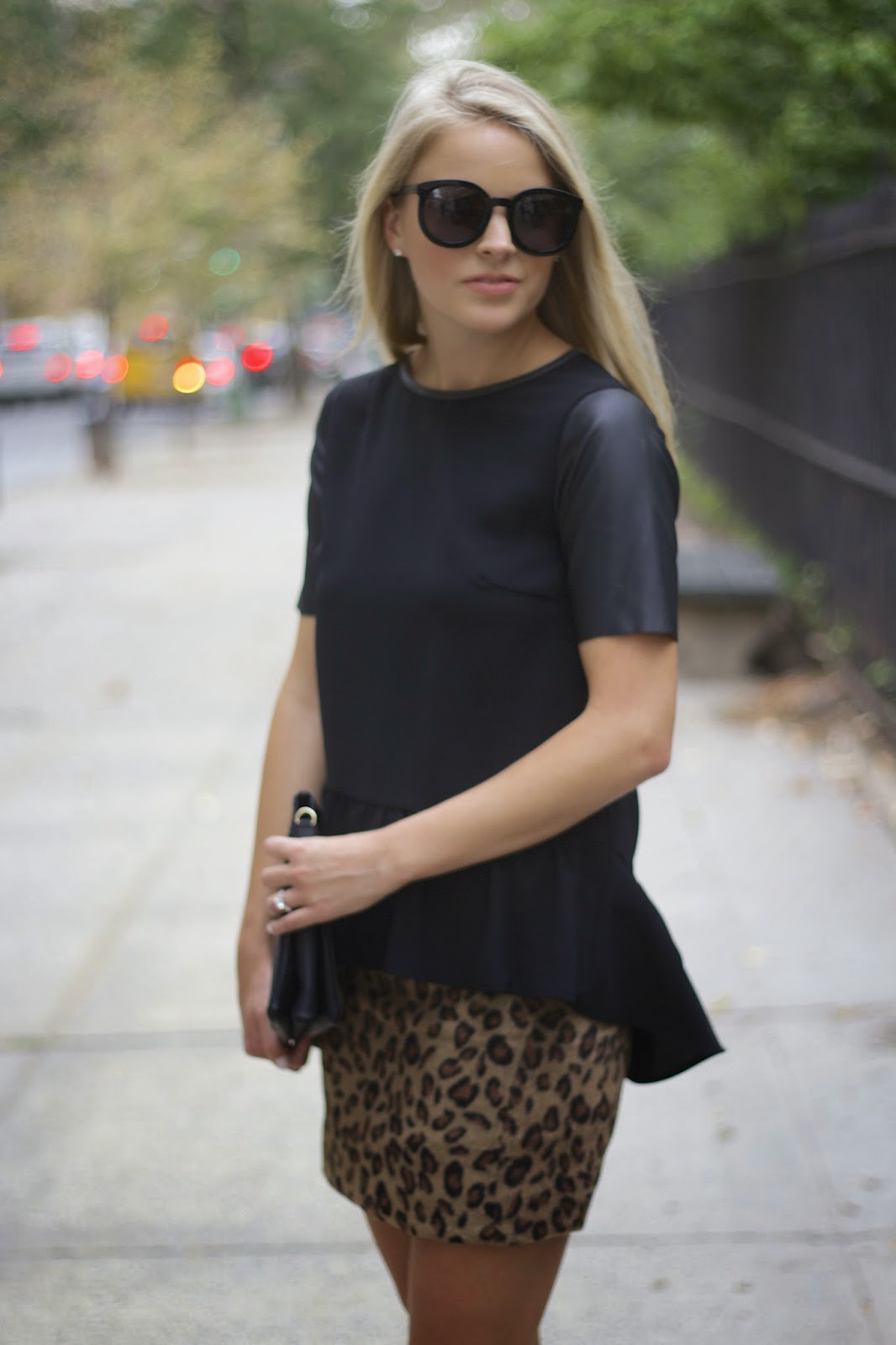 black peplum top, leopard print skirt, leopard skirt, black caged booties