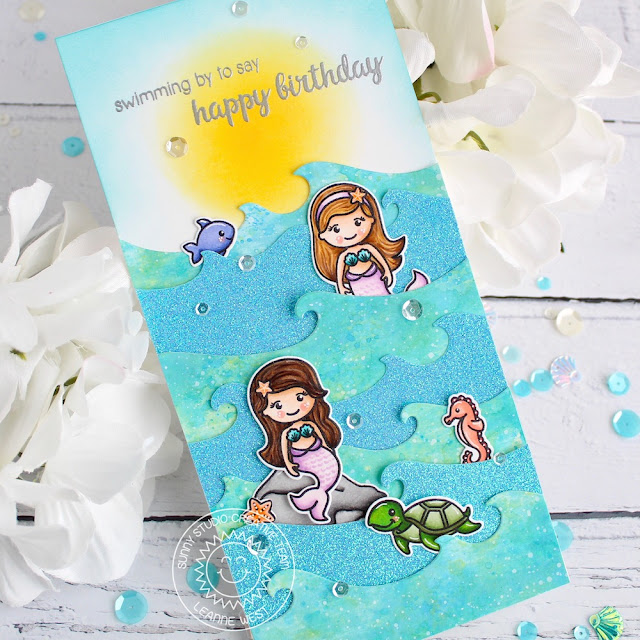 Sunny Studio Stamps: Catch A Wave Magical Mermaids Oceans of Joy Best Fishes Birthday Card Best Wishes Punny Card by Leanne West and Eloise Blue