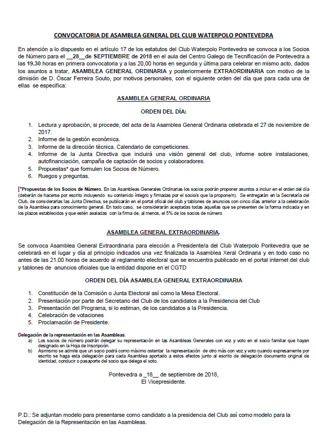Convocatoria Asamblea General y Elecciones CW Pontevedra – Waterpolo  Pontevedra