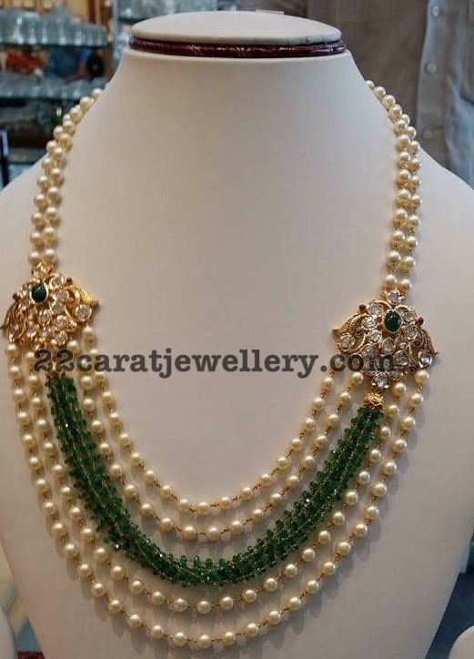 Pearls Beads Set with Diamond Motifs - Jewellery Designs