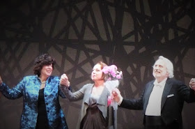 IN PERFORMANCE: (from left to right) Director FRANCESCA ZAMBELLO, soprano NINA STEMME (Brünnhilde), and conductor PHILIPPE AUGUIN duing curtain calls for Washington National Opera's performance of Richard Wagner's GÖTTERDÄMMERUNG, 22 May 2016 [Photo by the author]