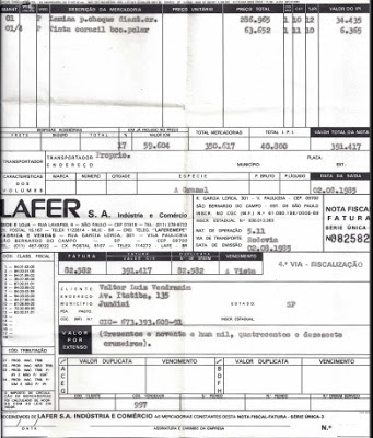 Nota fiscal emitida pela Lafer em 1977 - um documento histórico para a família Finardi.