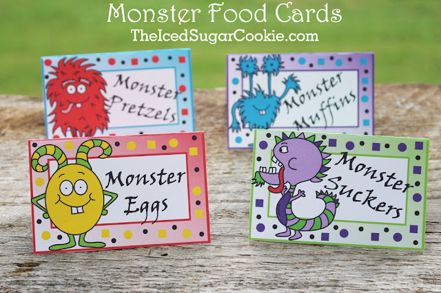 Monster Birthday Party Food Label Tent Cards Printable Cutout Template-DIY Monster Food Party Ideas-Monster Eggs, Monster Pretzels, Monster Muffins, Monster Suckers