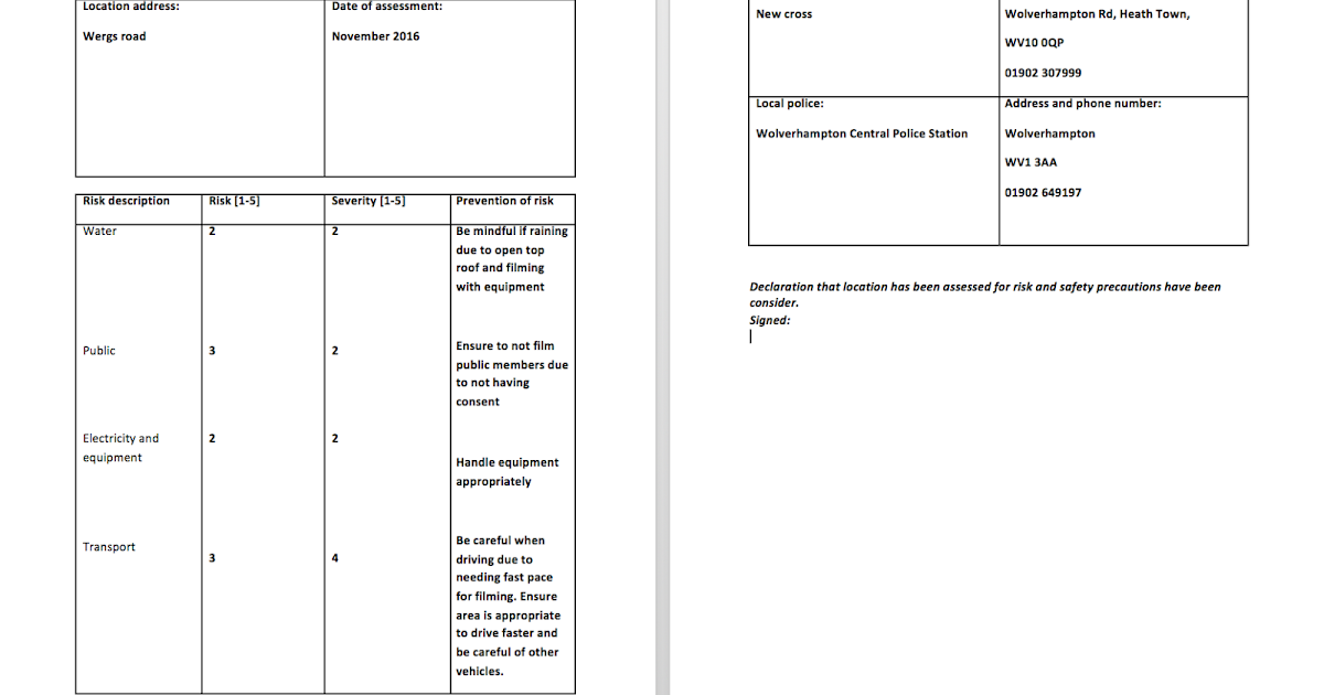 Elisha Corfield Media A Level Blog: Location - Risk Assessments