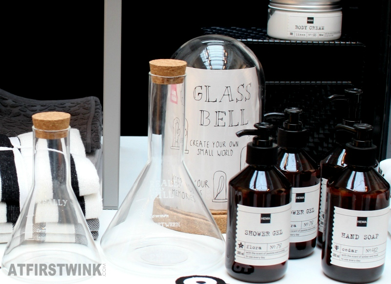 HEMA glass erlenmeyer flasks glass bell and shower gels in brown glass bottles