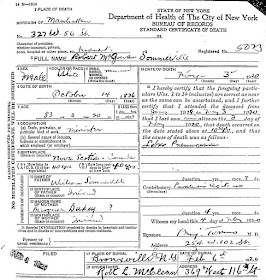 New York, New York County, New York,  "Death certificates (Manhattan, New York), 1919-1948," (Municipal Archives, New York), 1920, p. 5023, Robert McGowen Sommmerville; FHL microfilm 2,021,133. Cit. Date: 18 May 2018.
