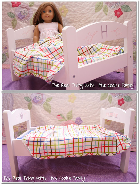 Great idea for an American Girl Doll craft to turn a plain IKEA doll bed into a cute stenciled American Girl Doll bed. #AmericanGirlDoll #Crafts #IKEA #RealCoake