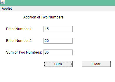 Java Codes: Addition of Two Numbers Using Applet