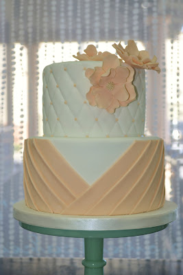 Sweet Cakes by Rebecca - peach quilted wedding cake on jade cake stand