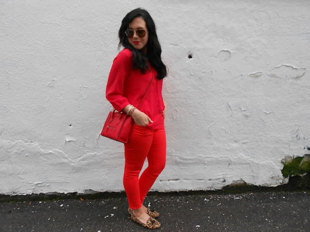 Cherry red monochrome outfit, leopard loafers and Celine Nano handbag