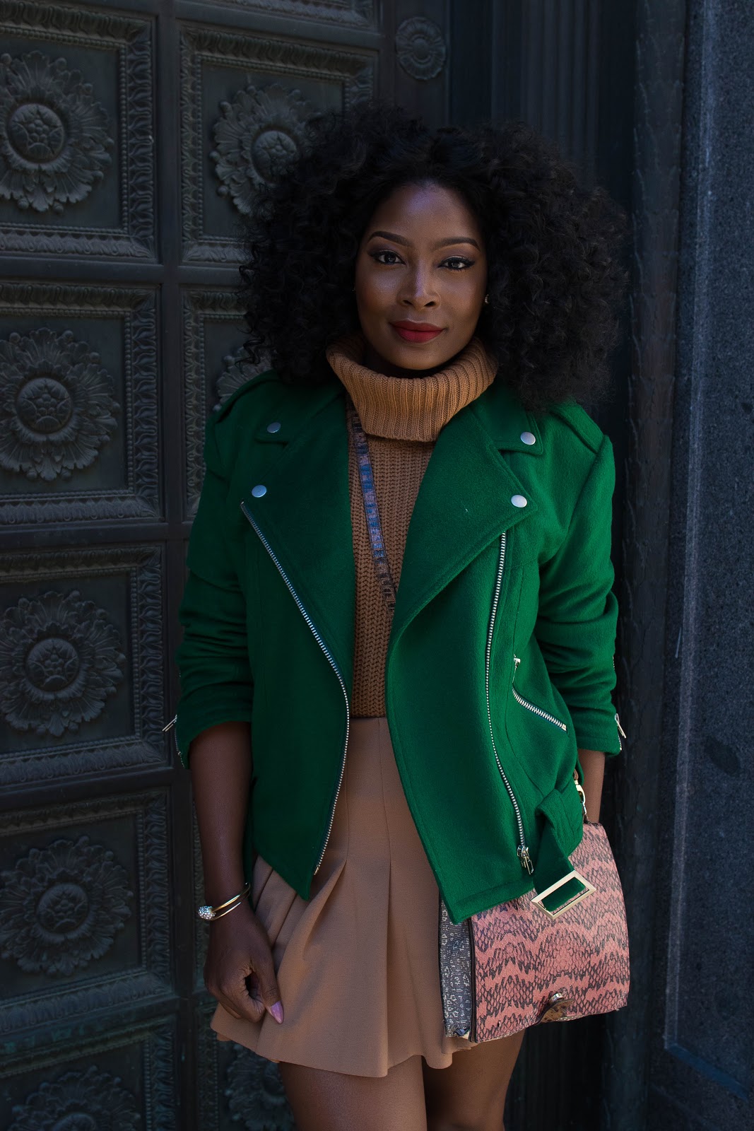 Green Suede Moto Jacket + Pleated Skirt Irony of Ashi