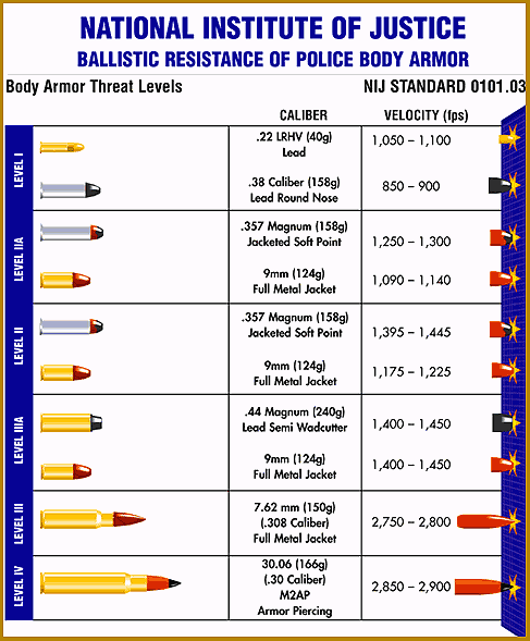 Bullet Proof Vest Ballistic Level Chart with Ammo Calibers