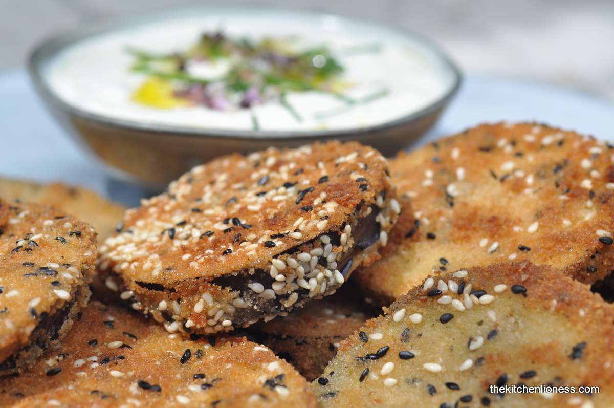 The Kitchen Lioness Eggplant (Aubergine) Schnitzel with Chive Yogurt Dip