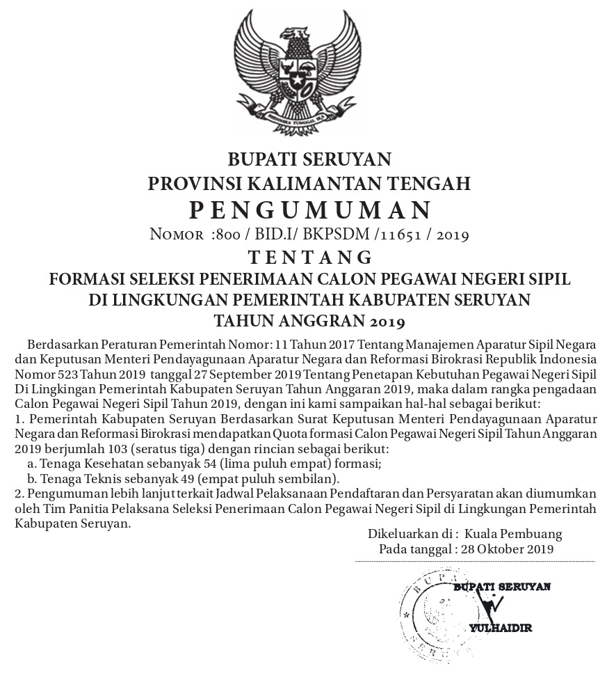 Formasi CPNS Kabupaten Seruyan Provinsi Kalimantan Tengah Tahun 2019