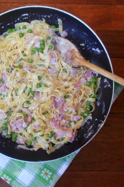 pasta, spaghetti, linguine, mascarpone, ham, green peas, recipe, recipes