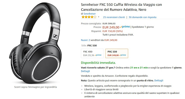 Offerta del giorno Amazon: cuffie Sennheiser PXC 550 con riduzione del rumore a 249 euro vendute e spedite da Amazon
