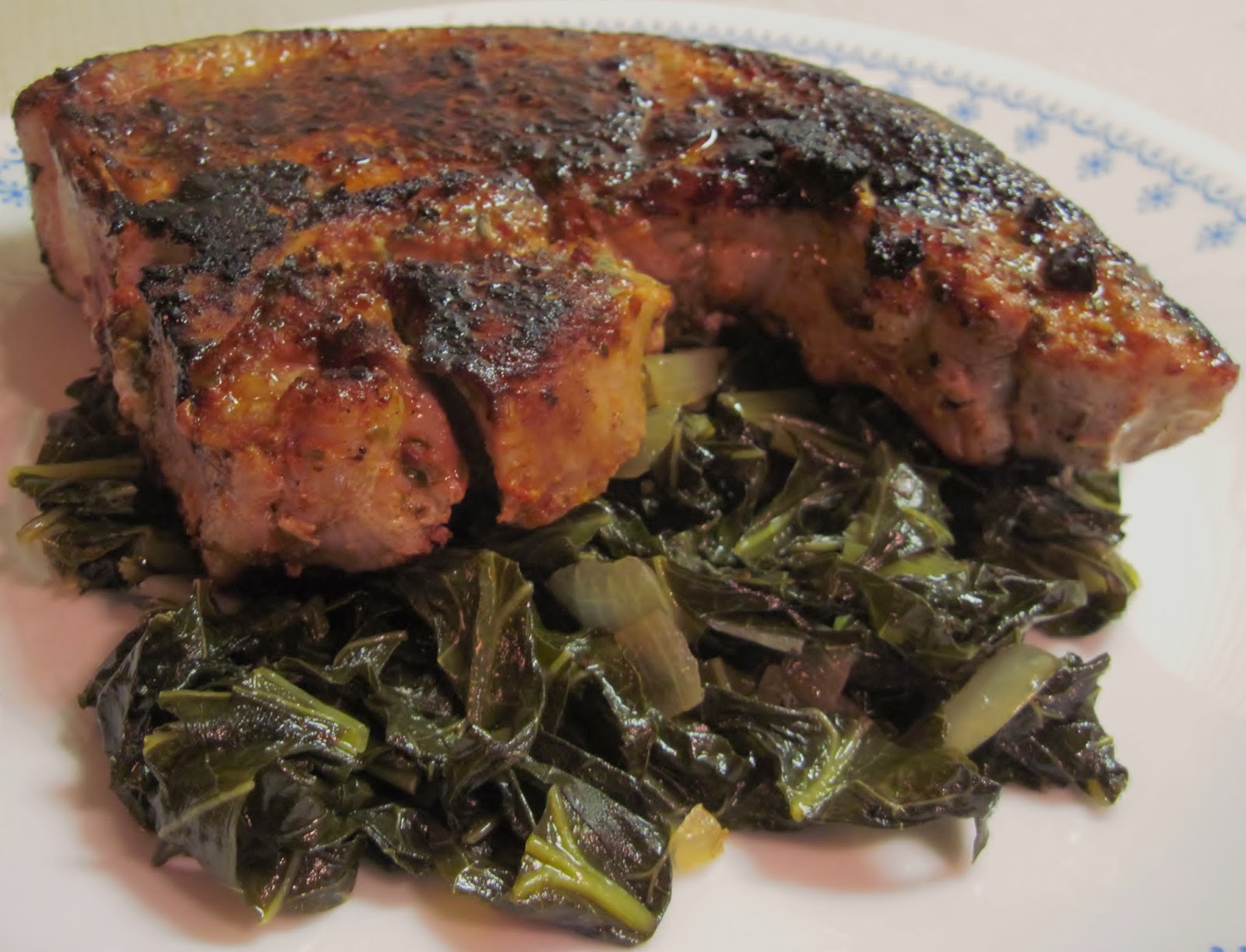 Carolina Sauce Company PanSeared Pork Chops with Sauteed Spicy Greens