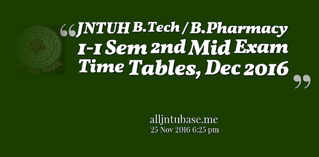 JNTUH B.Tech / B.Pharmacy 1-1 Sem 2nd Mid Exam Time Tables, Dec 2016