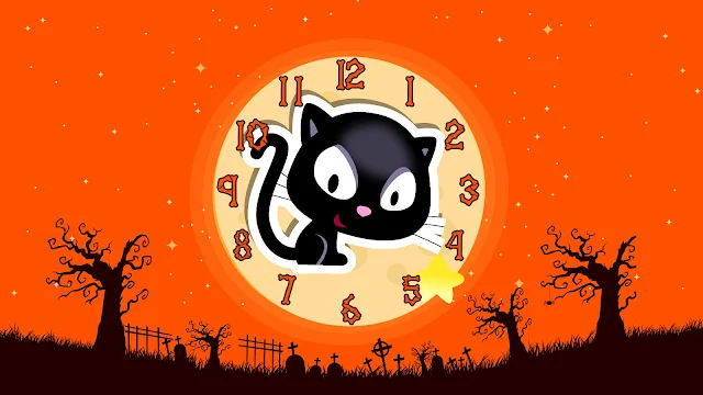 Halloween Funny Black Cat Clock Screensaver